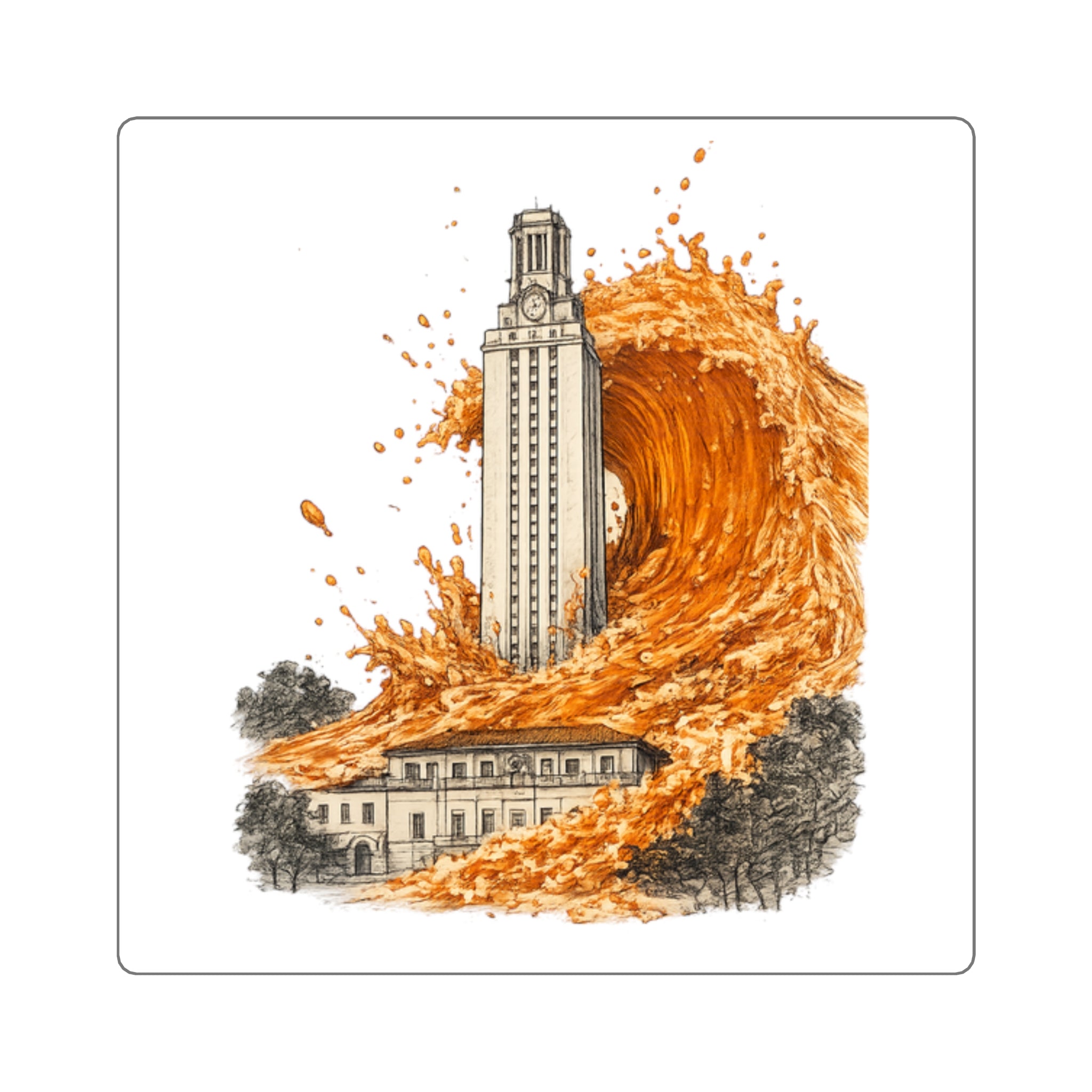 Square Sticker — Campus Tower Wave Illustration (Burnt Orange)